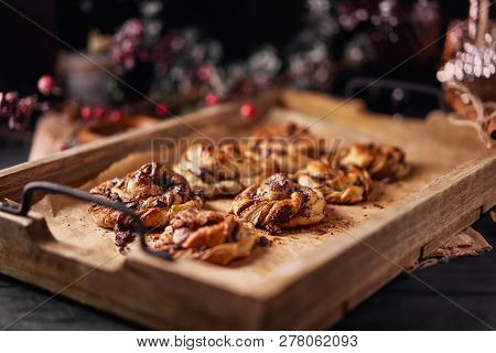 Cinnabon With Chocolate. Cake Food Concept Photo. Close Up View.