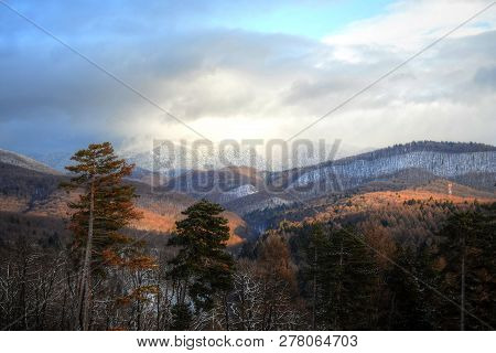 Landscape Of The First Snowclouds Over The Carpathian Mountains