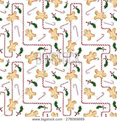 Seamless Pattern With Gingerbread Man, Candy Cane And Holly. Labyrinth Of Striped Candy. Illustratio