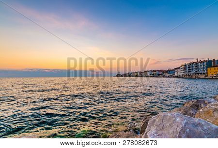 Sunset Above The Adriatic Sea In Piran City, Slovenia. Old Ancient And Mediaveal City, View From Coa
