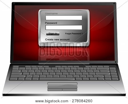 Laptop Computer With Silver Login Screen On Red Dektop - 3d Illustration