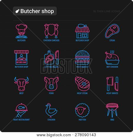 Butcher Shop Thin Line Icons Set: Meat Steak, Beef, Pork, Mutton, Bbq, Chicken, Burger, Cutting Boar