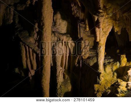 Impressive Formations Of The Stalactites And Stalagmites In Dirou Cave. Greek Destination .natural B