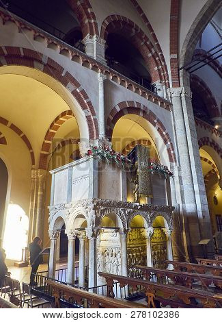 Milan, Italy - December 29, 2018. Marble Ambo Over The Sarcophagus Of Stilicone In The Nave Of The B