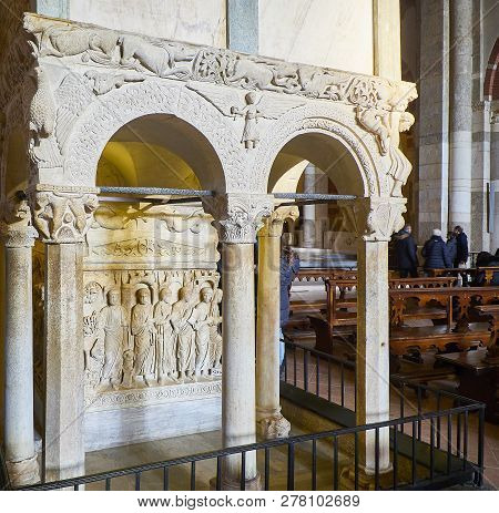 Milan, Italy - December 29, 2018. Detail Of Apostles On The Sarcophagus Of Stilicone In The Nave Of 