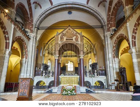 Milan, Italy - December 29, 2018. Chancel Of The Basilica Of Sant Ambrogio. Milan, Lombardy, Italy.