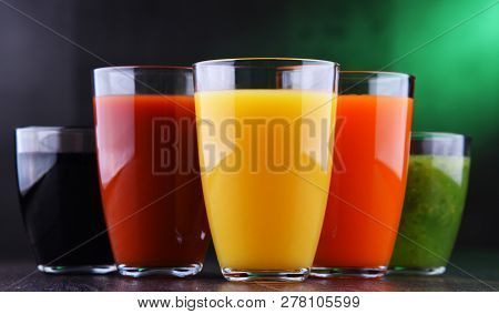 Glasses With Fresh Organic Vegetable And Fruit Juices