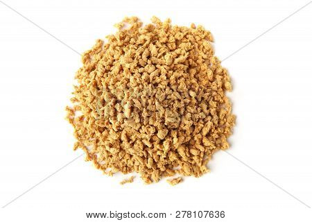Raw Soy Mince Pile Isolated On White Background. Dry Soya Mince Meat.
