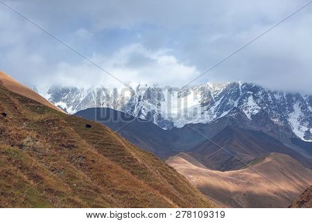 The Highest Peak Of Georgia Is Shkhara. Main Caucasian Ridge, Zemo Svaneti