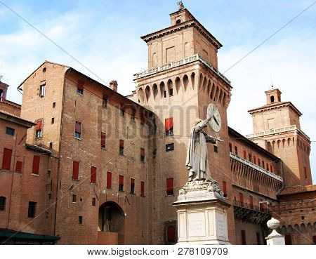 Piazza Savonarola And Savonarola Statue In Ferrara, Italy
