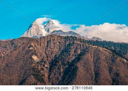 Two High Rocky Summits Of Ushba Mountain In Svaneti Region Of Georgia