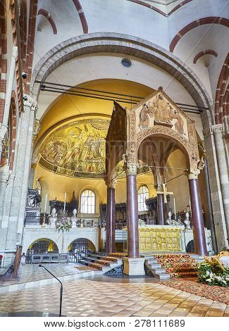 Milan, Italy - December 29, 2018. Chancel Of The Basilica Of Sant Ambrogio. Milan, Lombardy, Italy.