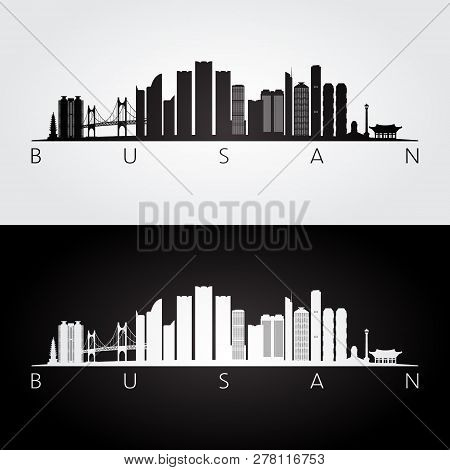 Busan Skyline And Landmarks Silhouette, Black And White Design, Vector Illustration.