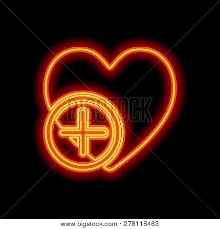 Heart And Plus. Simple Silhouette. Orange Neon Style On Black Background. Light Icon