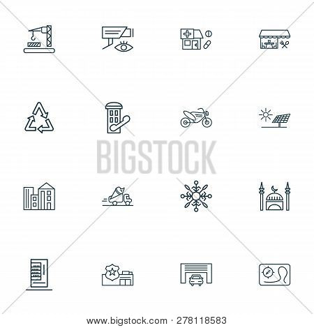 City Icons Line Style Set With Telephone Box, Police Department, Building And Other Vend Appliance E