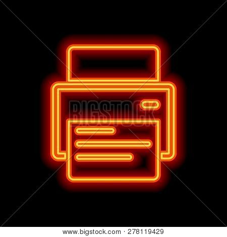 Printer And Paper. Orange Neon Style On Black Background. Light Icon