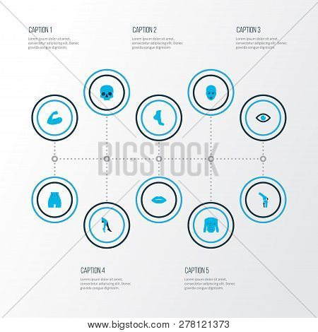 Physique Icons Colored Set With Foot, Chest, Face And Other Foot Elements. Isolated Vector Illustrat