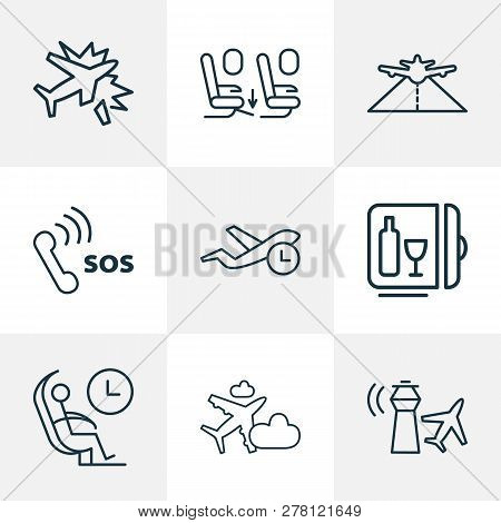 Airport Icons Line Style Set With Plane In The Cloud, Plane Crash, Minibar And Other Pathway Element