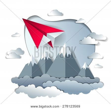 Origami Paper Plane Toy Flying In The Sky Over Mountain Peaks, Perfect Vector Illustration Of Scenic
