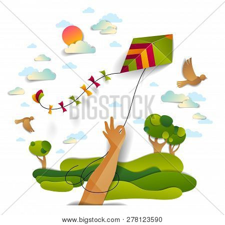 Hand Holding Kite Over Cloudy Sky Birds Flying And Sun, Meadows And Trees Scenic Nature Landscape, F