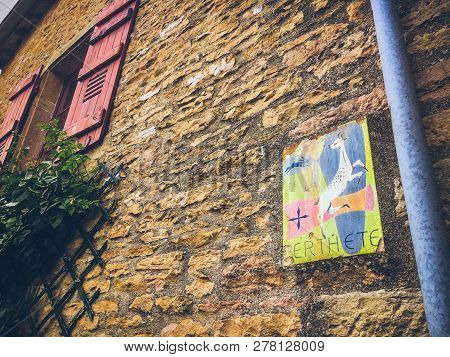 July 19, 2017. Village Ameugny France Burgundy Region In Summer. Old Stone Facade Of The Apartment B