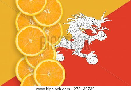 Bhutan Flag And Citrus Fruit Slices Vertical Row
