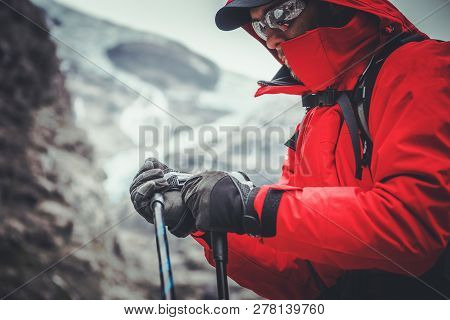 Caucasian Climber In His 30s On Mountain Trailhead.