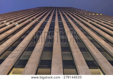 Vertical View Of Office Skyscraper In Midtown Manhattan, New York, Nyc, Usa