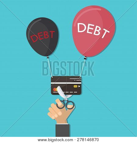 Hand Business Holding Scissors In Hand Cutting Bank Card.let Out With Balloons