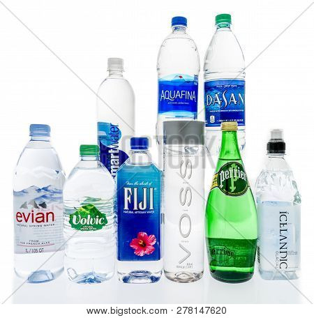 Winneconne, Wi - 10 January 2019:  A Collection Of Worlds Most Popular Water Including Evian, Volvic