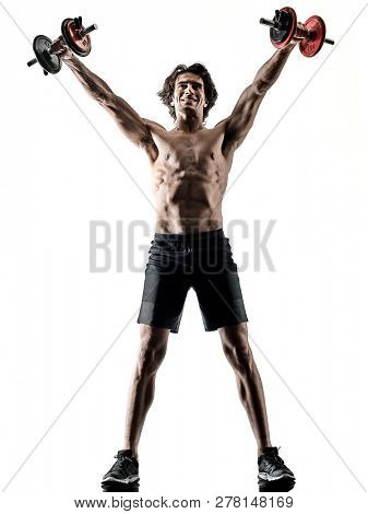 one caucasian man fitness weitghs training exercises  studio in silhouette isolated on white background