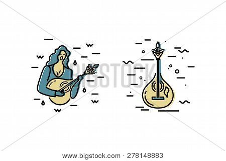 Woman With Guitar Is Singing A Song. Acoustic Guitar Logo Design. Portuguese Fado Guitar. Flat And L