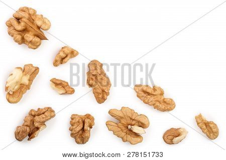 Peelled Walnuts Isolated On White Background With Copy Space For Your Text. Top View. Flat Lay