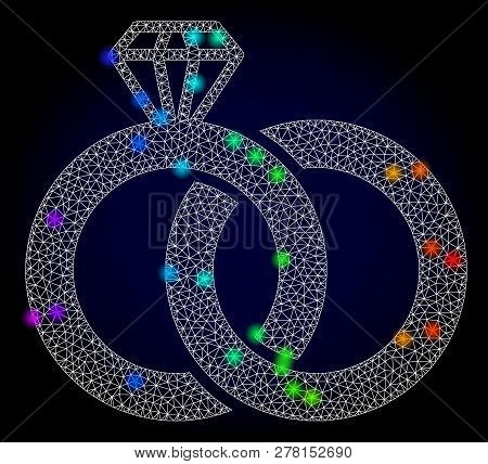Glossy Polygonal Mesh Diamond Wedding Rings Icon With Glow Effect On A Dark Background. Carcass Diam
