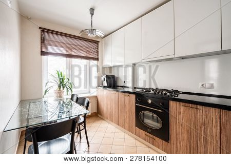 Russia, Nizhny Novgorod - January 10, 2018: Private Apartment. Interior Design. Small Modern Kitchen