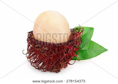 Rambutan With Leaves Isolated On White Background. Tropical Fruit. Nephelium Lappaceum