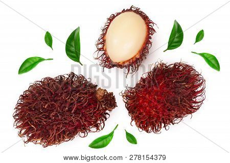 Rambutan With Leaves Isolated On White Background. Tropical Fruit. Nephelium Lappaceum. Top View. Fl