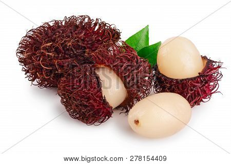 Rambutan With Leaves Isolated On White Background. Tropical Fruit. Nephelium Lappaceum