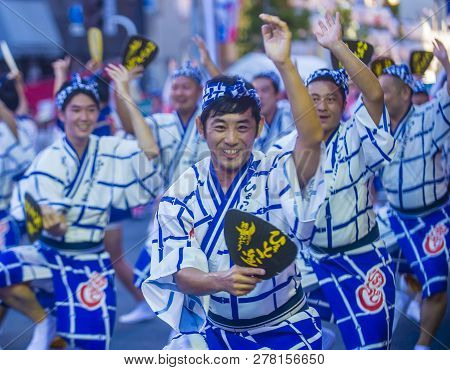 Tokyo - Aug 26 : Participants In The Awa Odori Festival In Tokyo, Japan On August 26 2018. Awa Odori