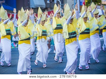 Tokyo - Aug 26 : Participants In The Awa Odori Festival In Tokyo, Japan On August 26 2018. Awa Odori
