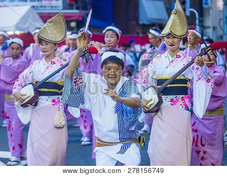 Tokyo - Aug 26 : Participants In The Awa Odori Festival In Tokyo, Japan On August 26 2018. Awa Odori