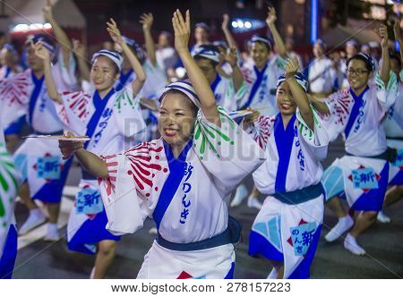 Tokyo - Aug 26 : Participants In The Awa Odori Festival In Tokyo, Japan On August 26 2018. Awa Odori