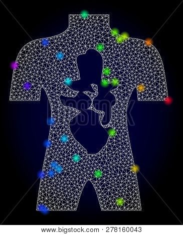 Glossy Polygonal Mesh Human Anatomy Icon With Glare Effect On A Dark Background. Carcass Human Anato