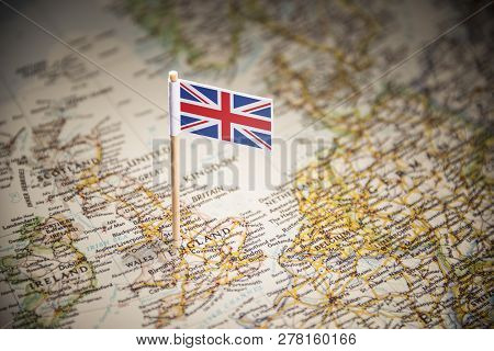 United Kingdom Marked With A Flag On The Map