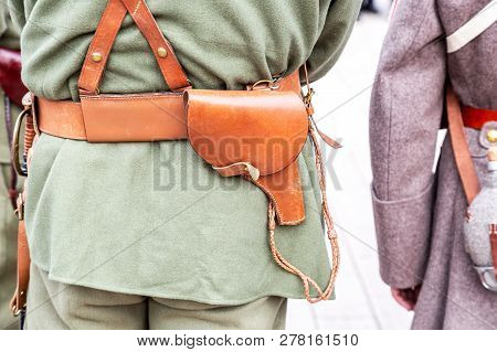 Vintage Leather Holster On The Belt. Retro Uniform Of Russian Army