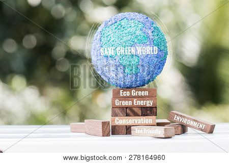 Save Green World Or Earth Day Concept. Paper Mache Craft Earth Globe With Radar On Wooden Block For 