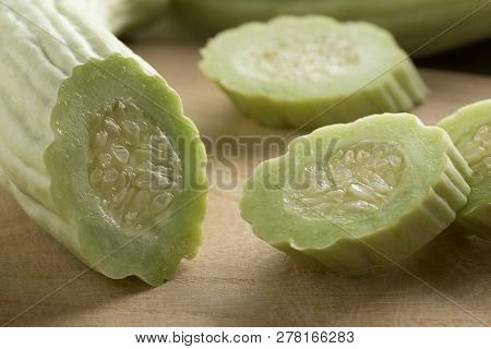 Sliced fresh raw Armenian cucumber close up