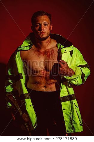 Planning A New Construction. Muscular Man Worker. Strong Man In Work Clothes. Hard Worker With Muscu