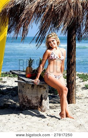 Surfer bionda sexy in bikini rosa e marrone di Swimbay