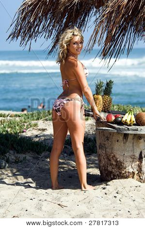 Ragazza bionda sexy del bikini in spiaggia in bikini rosa e marrone di Swimbay sotto un ombrello palapus w